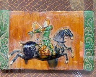 56. Framed Asian Gained Tile of Warrior (22" x 18")