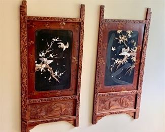 57. Pair of Asian Carved Wood Panelsw/ Hand Painting and Albalone Shell