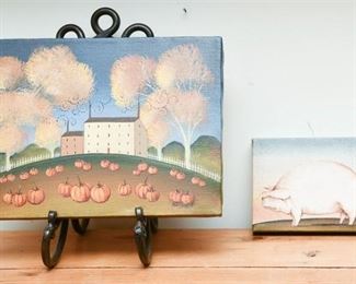 13. Two 2 Folk Art Primitive Style Paintings on Canvas