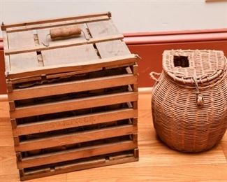53. Antique Wooden Shipping Crate wWicker Fishing Basket