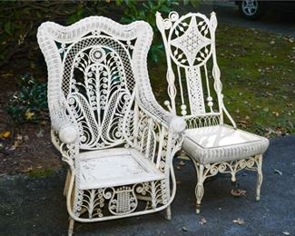 Two 2 Vintage Victorian Style White Wicker Side Chairs