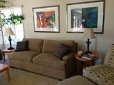 Kravet designer pull-out bed sofas with custom pillows! Fabulous and a great neutral color! Two of these available! Also shown - two Michelle Abrams fine works of art!