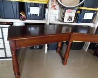 One piece angled Sofa table, fits behind a sectional or curved sofa