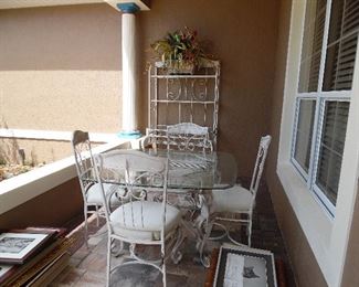 Outdoor dining set, metal & glass table, 4 chairs, matching Etagere