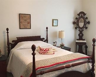 Antique Bed, Antique Hall Tree with Mirror, Antique Needlepoint Samplers, Chenille Bedspread, Antique Quilts.