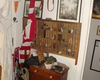 Printer's tray, cabinets and collectibles.