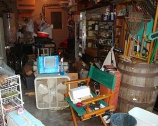 Garage full of hand tools, hardware, power tools, whiskey barrel,  glass panels wood doors, etc.