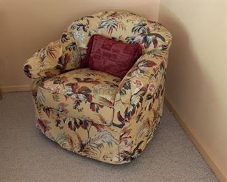 Danish Swivel chair with custom Italian linen slip cover.