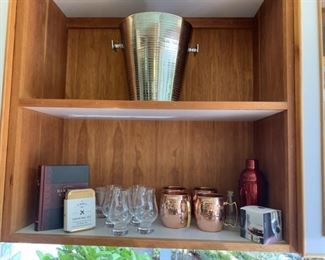 Bar equip. including Glencairn whiskey glasses and Moscow Mule mugs.