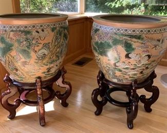 Beautiful Japanese gold fish pots. Pot is 14" high and 16" across stand is 10 " tall