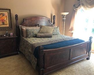 King Size Henredon Bed & Night Stand; King Coverlet Set; Lion Motif Torchiere Lamp