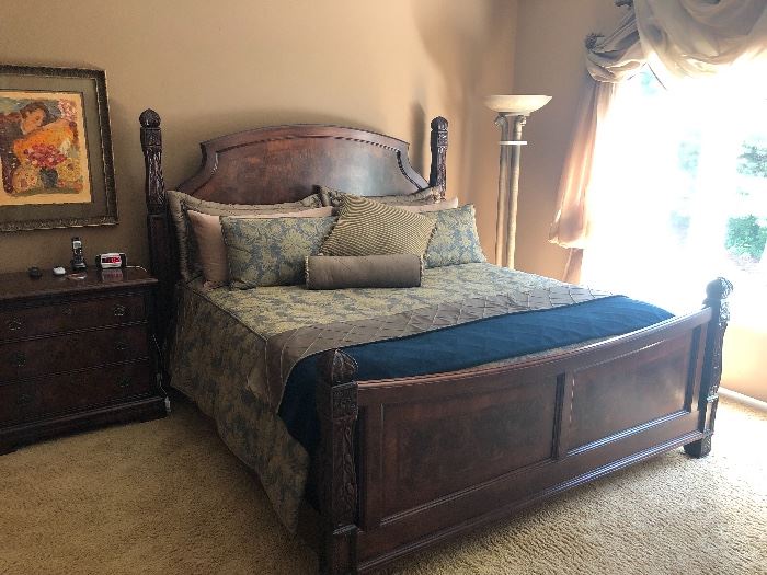 King Size Henredon Bed & Night Stand; King Coverlet Set; Lion Motif Torchiere Lamp