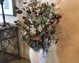 Large Silk Flower Arrangement In Pottery Vase; Total Height Approximately 6’