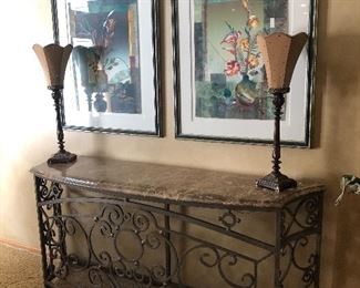 Iron Console With Calais Marble Top; Metal Table Lamps; 2 Framed Signed March Original Artwork Numbered # 24&27