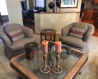 Custom Upholstered Side Chairs; 44” Square Glass Top Coffee Table; 24” Round Drexel Glass Top Side Table