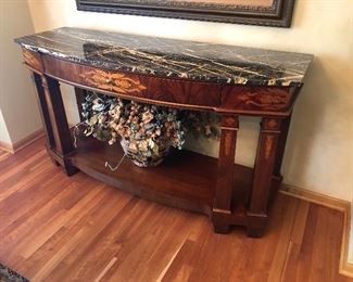 Henredon Console Table With Marble Top 65”L x 22” x 36.5”H; Large Silk Floral Arrangement 