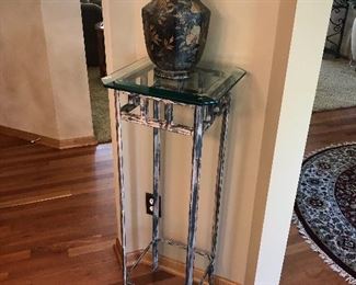 Glass Topped Metal Stand; Decorative Pottery Vase