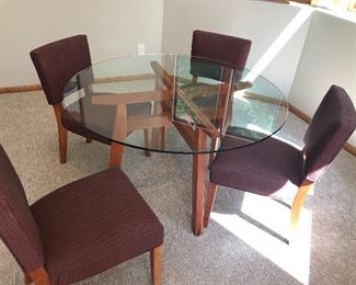 Room & Board 48” Round Glass Top Solid Cherry Table With Upholstered Chairs