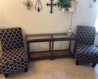  Sofa table, lamp, and two chairs 