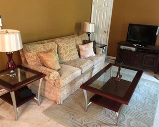 3 seater chenille sofa and table set.  2 end tables and a coffee table