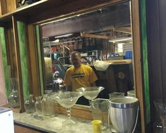 This is an amazing find!! A bar wall complete with mirror, art glass, marble and oak surround!! One of a kind!