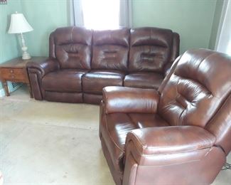 Leather-Like Sofa and Chair, End Table, Lamp