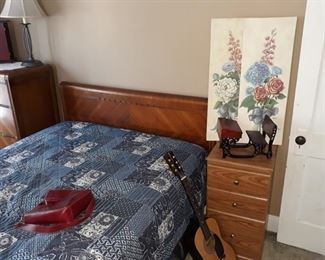 Art Deco Bed, Nightstand, Guitar, Wall Hangings