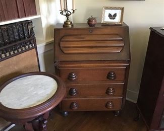 Unsual old desk, inset marble stand, old books and fire screen