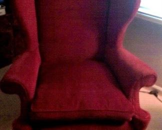antique wing back chair - bought in early 1970s from Studebaker mansion. It has unique ram horn carving on legs.
