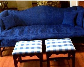 Blue brocade Chippendale style sofa & pair of footstools