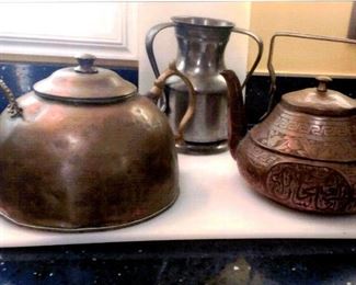 Vintage copper tea kettles & pewter handled jug