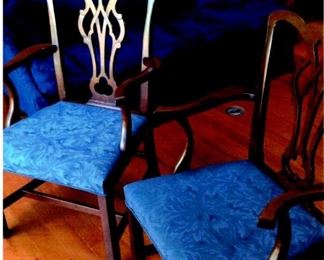 Pair of Chippendale-style dining chairs with blue brocaded seats