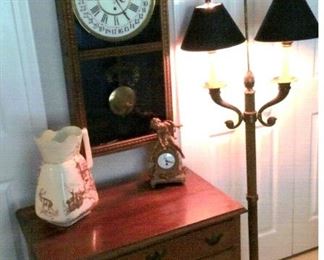 Regulator pendulum wall clock, Brass candle lamp, ornate clock & vintage pitcher 