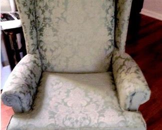 Vintage Wing-back chair with pale green brocade upholstery 