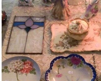 lady figurines, powder box & tray & hand painted plates