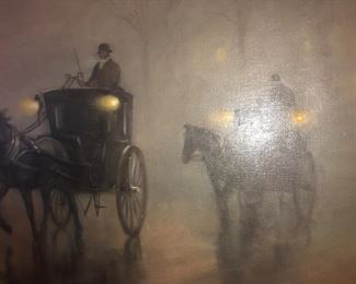 CLOSE UP VIEW OF CANVAS  OF 19TH CENTURY HORSE DRAWN STAGE COACHES WITH NIGHT OIL LIGHTED OIL LAMPS - NO DAMAGE AND IN EXCELLENT CONDITION