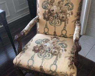HAND CARVED ORNATE MAHOGANY ARMCHAIR WITH CUSTOM BRASS TACKS - FLORAL DESIGN
