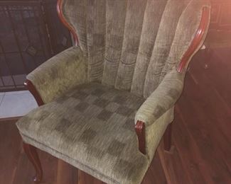 CLOSE UP VIEW OF LIGHT GREEN VELOUR BARREL CHAIR WITH WALNUT WOOD - EXCELLENT CONDITION IN THIS MINI MANSION 