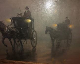 CLOSE UP VIEW OF THIS LARGE MUSEUM QUALITY ARTIST ROLAND DAVIES SIGNED OIL ON CANVAS  OF 19TH CENTURY HORSE DRAWN STAGE COACHES WITH NIGHT OIL LIGHTED OIL LAMPS - NO DAMAGE AND IN EXCELLENT CONDITION