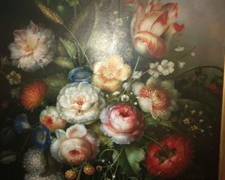 CLOSE UP VIEW OF OIL ON CANVAS OF FLORAL STILL-LIFE IN ORIGINAL ORNATE FRAME  - SIGNED ARRON DAVIS - SPECTACULAR FLORAL COLORS - IN EXCELLENT CONDITION 