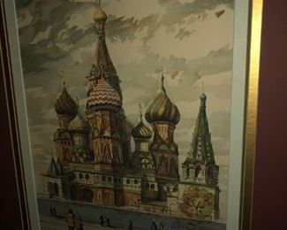 FULL VIEW OF RUSSIAN ARCHITECTUAL BUILDINGS SIGNED BY ARTIST MATTED IN ORIGINAL ROCOCO FRAME 