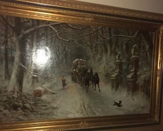 FULL VIEW OF SIGNED ROBERT SANDERSON - BRITISH ARTIST (1858-1908) VERY LARGE OIL PAINTING ON CANVAS IN ORNATE CUSTOM CARVED GOLD DORE FRAME. 