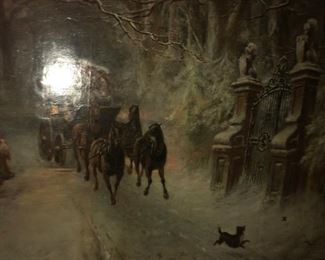 CLOSE VIEW OF SIGNED ROBERT SANDERSON - BRITISH ARTIST (1858-1908) VERY LARGE OIL PAINTING ON CANVAS IN ORNATE CUSTOM CARVED GOLD DORE FRAME. 