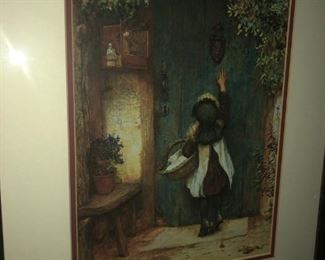 AUTHENTIC HIGH QUALITY SIGNED WATER COLOR - ARTIST ARTHUR HOPKINS (BRITISH 1848-1930) OF LITTLE GIRL REACHING UP ON DOOR WITH BASKET IN HAND.