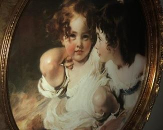 CLOSE UP VIEW OF OVAL ROCOCO FINE ARTS PORTRAIT OF ROYAL YOUNG CHILDREN - MAYBE BROTHER & SISTER  
