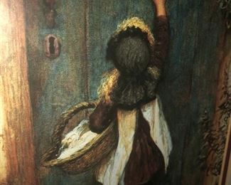 CLOSE UP VIEW OF AUTHENTIC HIGH QUALITY WATER COLOR SIGNED BY ARTIST ARTHUR HOPKINS BRITISH (1848-1930) OF LITTLE GIRL REACHING UP ON DOOR WITH BASKET IN HAND