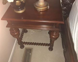 PAIR OF ANTIQUE WALNUT SIDE TABLES WITH ROPE SPIRAL CARVED LEGS AND SPIRAL CARVED SIDE WOOD CONNECTING PIECES