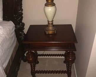 PAIR OF ANTIQUE WALNUT SIDE TABLES WITH ROPE SPIRAL CARVED LEGS AND SPIRAL CARVED SIDE WOOD CONNECTING PIECES