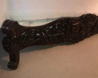 CLOSE UP VIEW OF HIGHLY CARVED ROCOCO FLORAL MAHOGANY KING SIZE BED WITH NEW CUSTOM MATTRESS