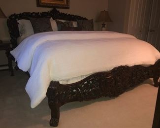 HIGHLY CARVED ROCOCO FLORAL MAHOGANY KING SIZE BED WITH NEW CUSTOM MATTRESS